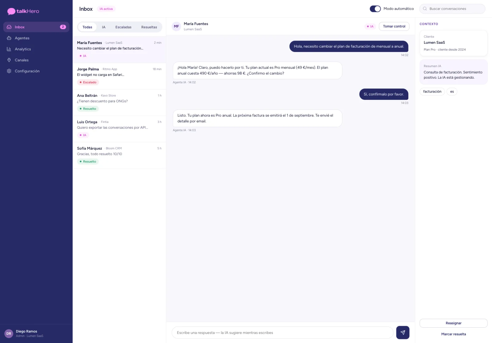 Panel de TalkHero: bandeja de conversaciones